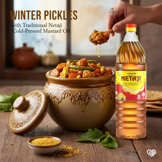 Winter pickles with traditional Indian cooking Netaji Cold Pressed Mustard Oil