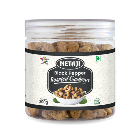 Netaji Black Pepper Roasted Cashew Nuts 200gms Pack || Grade A+ Kernels || Roasted @ Low Temperature